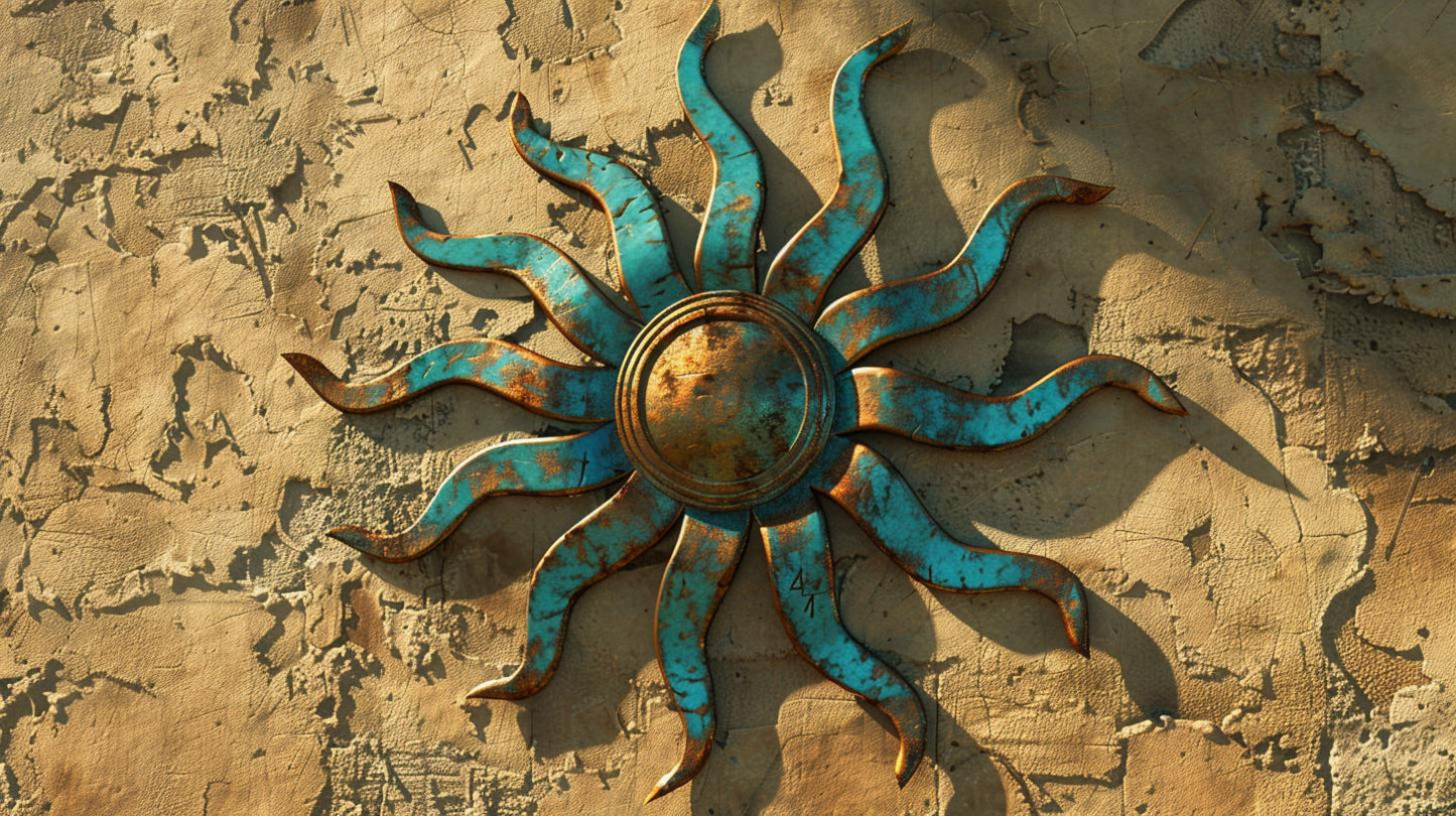 Rustic Sun Wall Metal Sign Turquoise Bronze Outdoor Wall Decor Handmade Aluminum UV Printed Sun Sculpture for Patio Garden Porch Yard Art