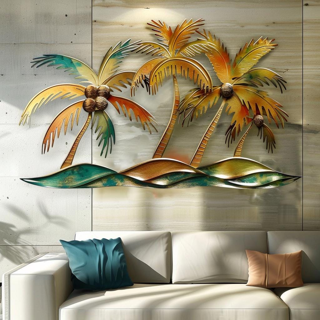Coconut Palm Tree Metal Wall Art, Tropical Beach House Decor, Coastal Outdoor Garden Sign, Palm Wall Hanging, Summer Housewarming Gift Art
