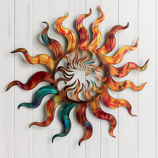 Colorful Sunburst Metal Wall Art Boho Abstract Sculpture Indoor Outdoor Decor Vibrant Sun Wall Hanging Patio Garden Large Statement Piece
