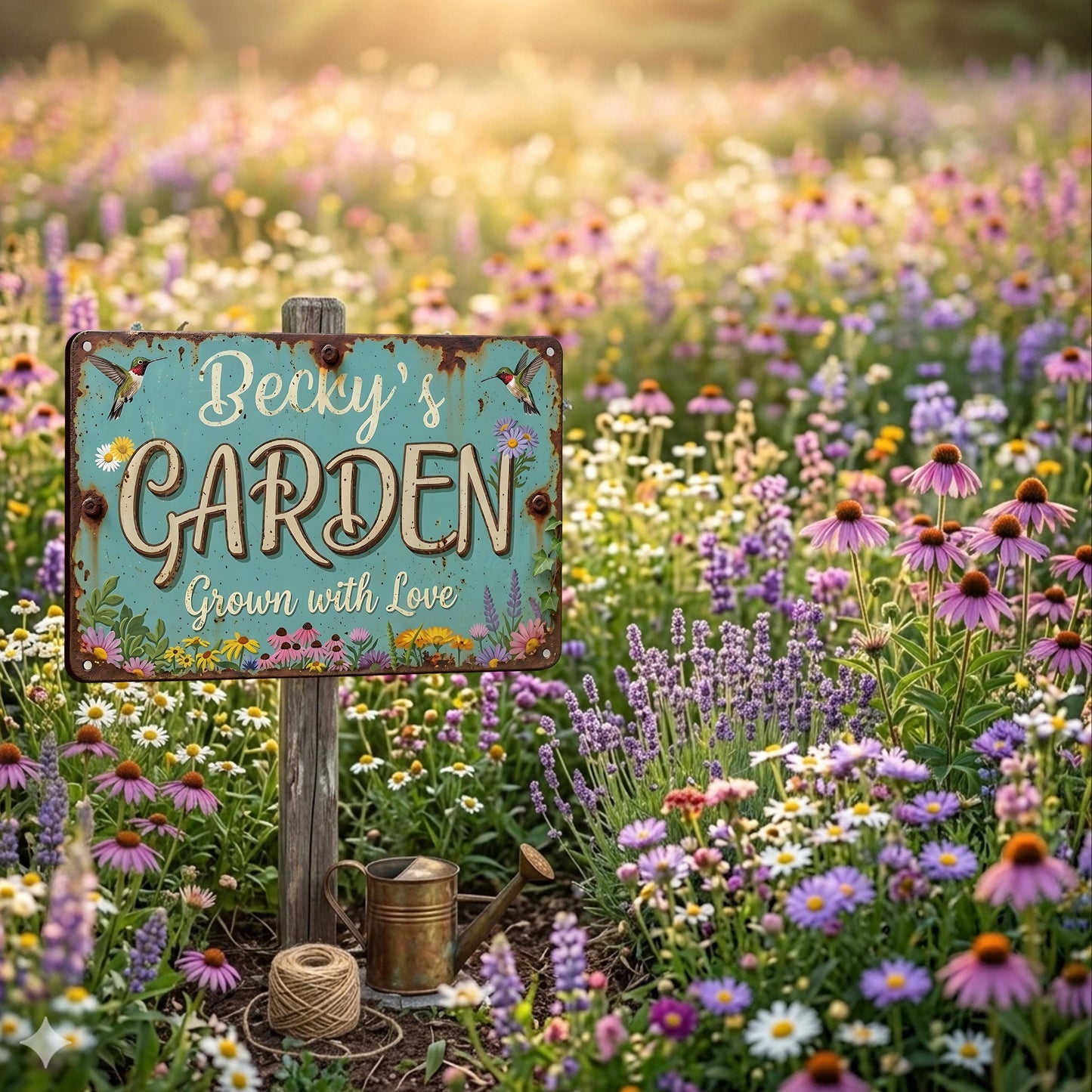 Personalized Metal Garden Sign, Custom Name Garden Plaque, Mint Green Rustic Farmhouse Decor, Hummingbird Yard Art Gift for Gardener Mom