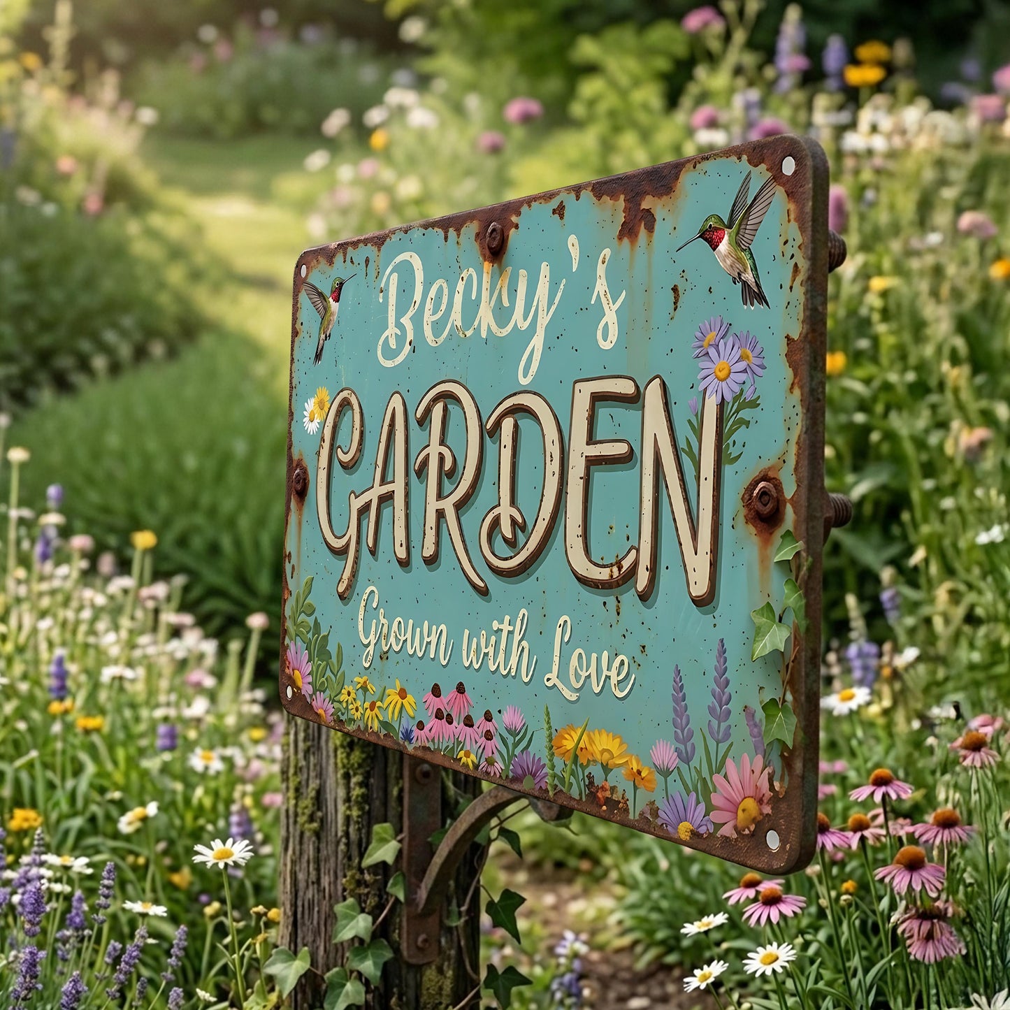 Personalized Metal Garden Sign, Custom Name Garden Plaque, Mint Green Rustic Farmhouse Decor, Hummingbird Yard Art Gift for Gardener Mom