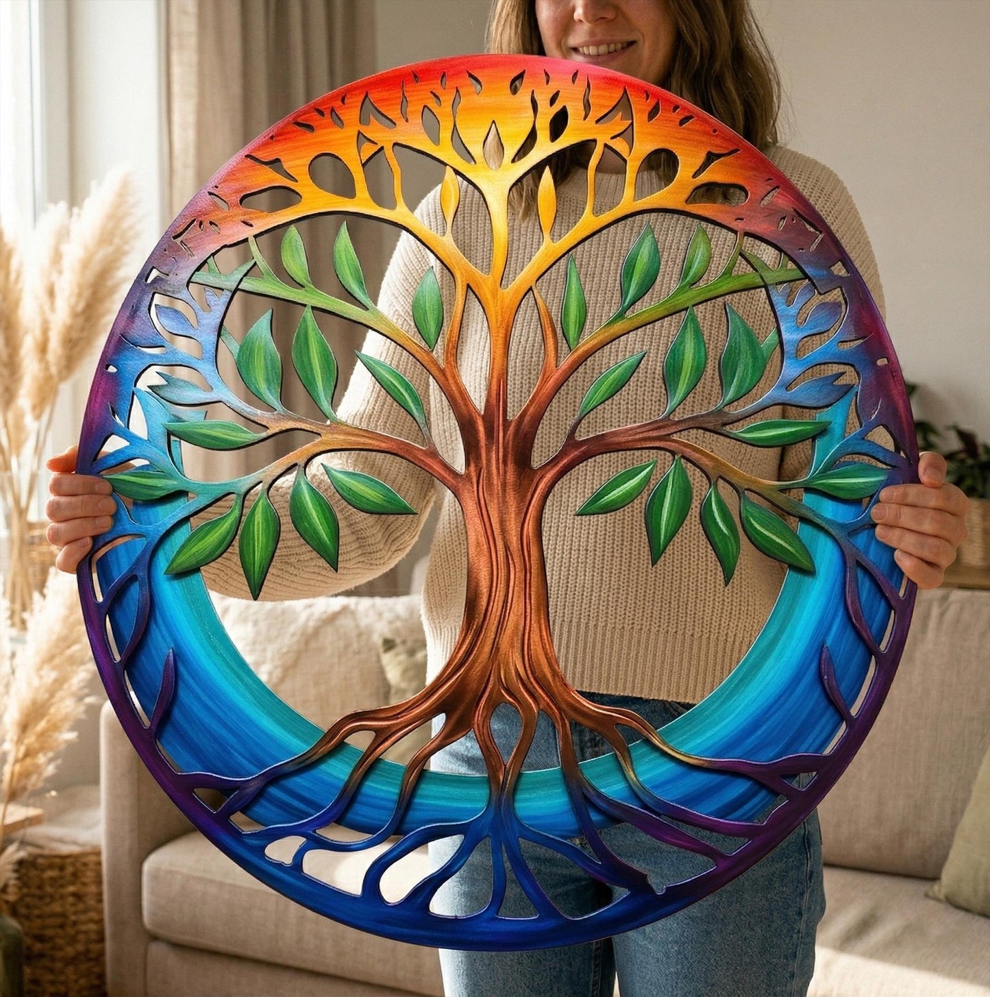 Metal Tree of Life Wall Art, Colorful Round Tree Decor, Boho Home Hanging, Custom Wedding Gift, Nature Wall Sculpture, Modern Farmhouse