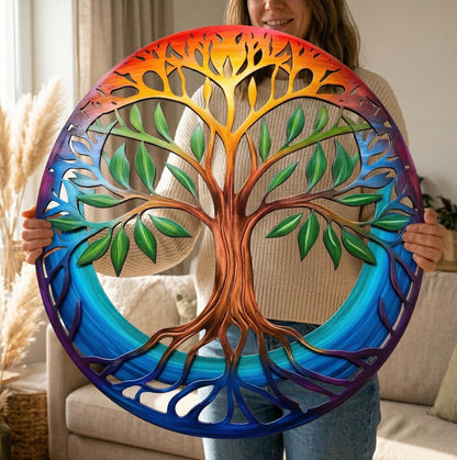 Metal Tree of Life Wall Art, Colorful Round Tree Decor, Boho Home Hanging, Custom Wedding Gift, Nature Wall Sculpture, Modern Farmhouse