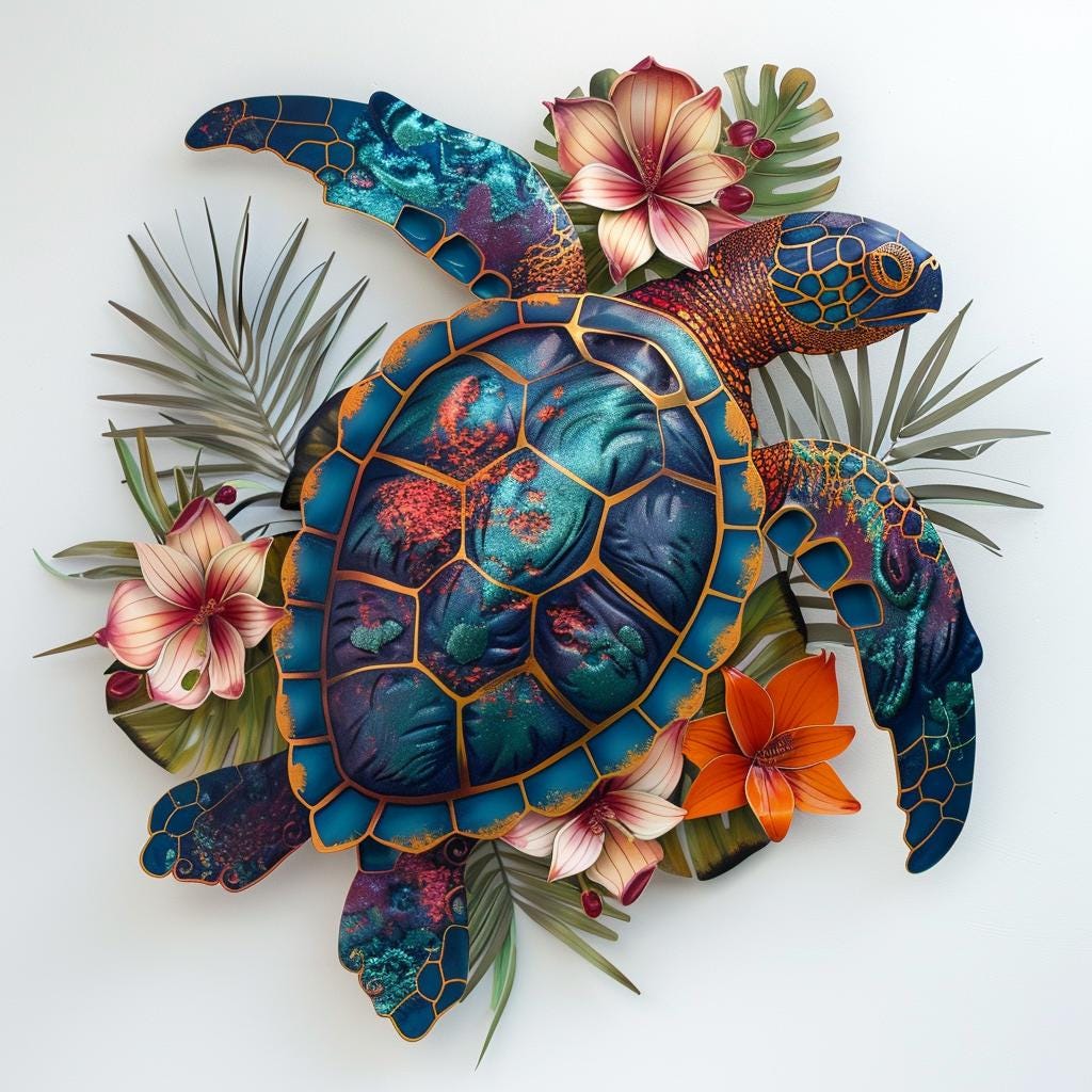 Sea Turtle Metal Wall Art Tropical Hibiscus Coastal Beach Decor Ocean Inspired Aluminum Sign Colorful Nautical Home Wall Hanging Gift Idea