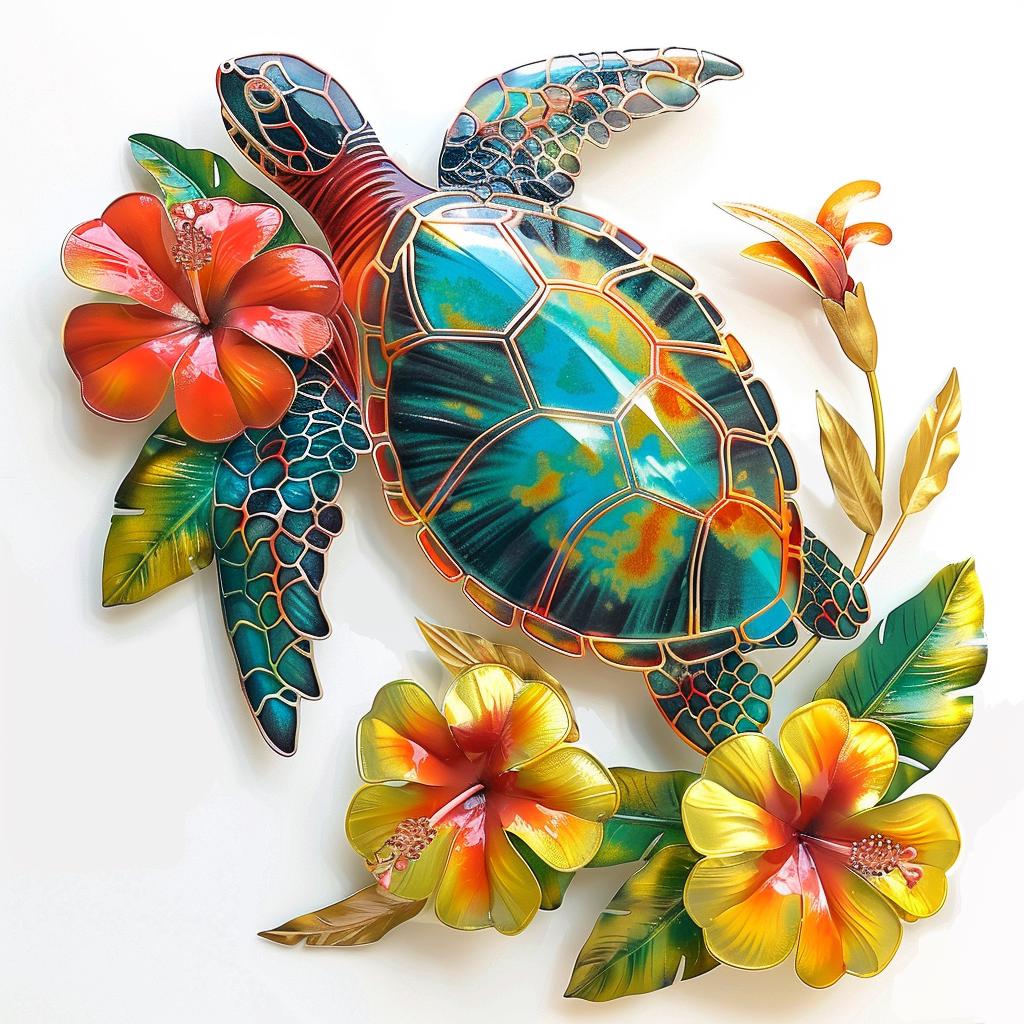 Sea Turtle Metal Wall Art Tropical Hibiscus Coastal Beach Decor Ocean Inspired Aluminum Sign Colorful Nautical Home Wall Hanging Gift Idea