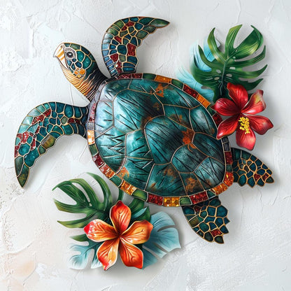 Sea Turtle Metal Wall Art Tropical Hibiscus Coastal Beach Decor Ocean Inspired Aluminum Sign Colorful Nautical Home Wall Hanging Gift Idea