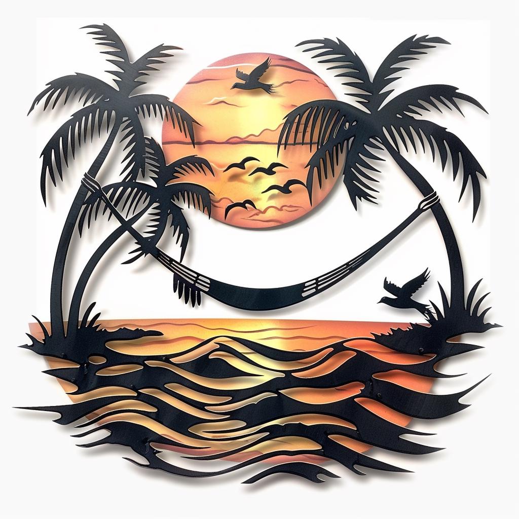 Tropical Sunset Beach Metal Wall Art Palm Tree Ocean Coastal Home Decor Nautical Wall Hanging Island Paradise Accent for Beach House Lovers
