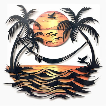 Tropical Sunset Beach Metal Wall Art Palm Tree Ocean Coastal Home Decor Nautical Wall Hanging Island Paradise Accent for Beach House Lovers