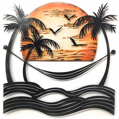 Tropical Sunset Beach Metal Wall Art Palm Tree Ocean Coastal Home Decor Nautical Wall Hanging Island Paradise Accent for Beach House Lovers