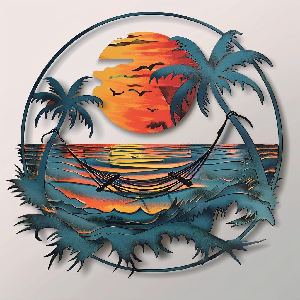 Tropical Sunset Beach Metal Wall Art Palm Tree Ocean Coastal Home Decor Nautical Wall Hanging Island Paradise Accent for Beach House Lovers
