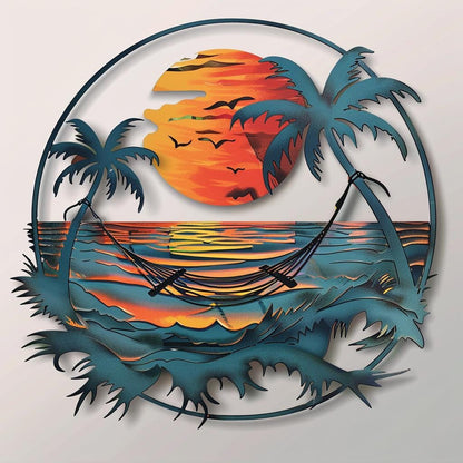 Tropical Sunset Beach Metal Wall Art Palm Tree Ocean Coastal Home Decor Nautical Wall Hanging Island Paradise Accent for Beach House Lovers