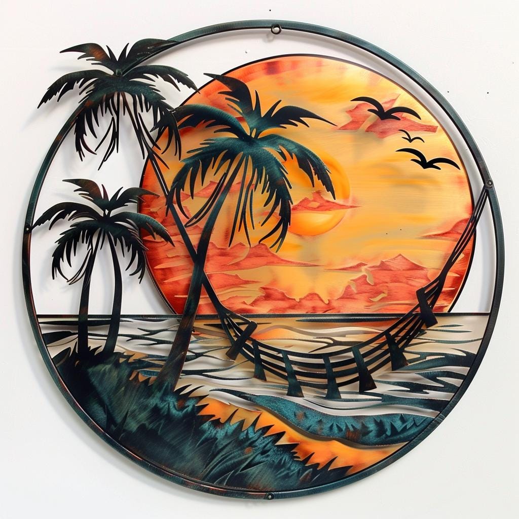Tropical Sunset Beach Metal Wall Art Palm Tree Ocean Coastal Home Decor Nautical Wall Hanging Island Paradise Accent for Beach House Lovers