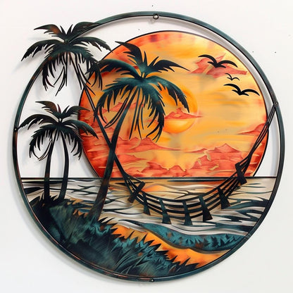 Tropical Sunset Beach Metal Wall Art Palm Tree Ocean Coastal Home Decor Nautical Wall Hanging Island Paradise Accent for Beach House Lovers