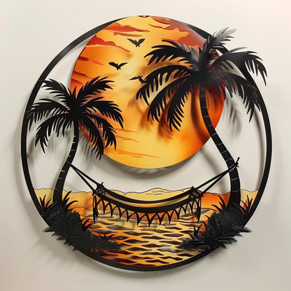 Tropical Sunset Beach Metal Wall Art Palm Tree Ocean Coastal Home Decor Nautical Wall Hanging Island Paradise Accent for Beach House Lovers