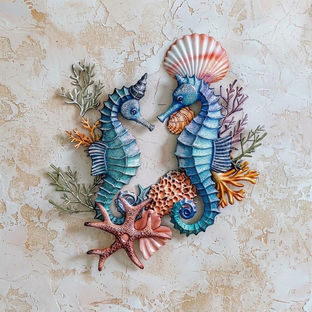Seahorse Coral Metal Wall Art Sign, Coastal Ocean Decor for Bathroom Bedroom Living Room, Nautical Beach House Sea Life Hanging Accent Decor