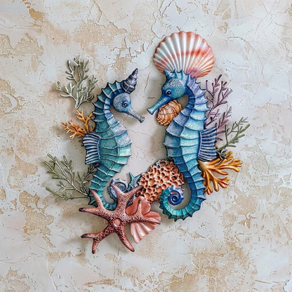 Seahorse Coral Metal Wall Art Sign, Coastal Ocean Decor for Bathroom Bedroom Living Room, Nautical Beach House Sea Life Hanging Accent Decor
