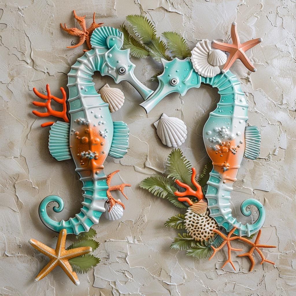 Seahorse Coral Metal Wall Art Sign, Coastal Ocean Decor for Bathroom Bedroom Living Room, Nautical Beach House Sea Life Hanging Accent Decor