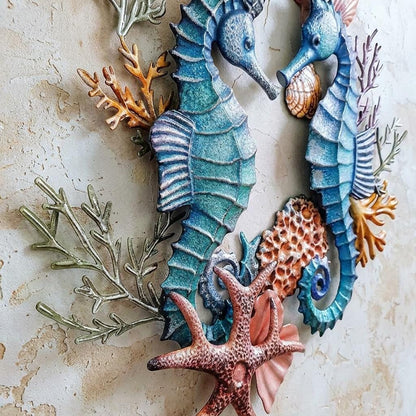 Seahorse Coral Metal Wall Art Sign, Coastal Ocean Decor for Bathroom Bedroom Living Room, Nautical Beach House Sea Life Hanging Accent Decor