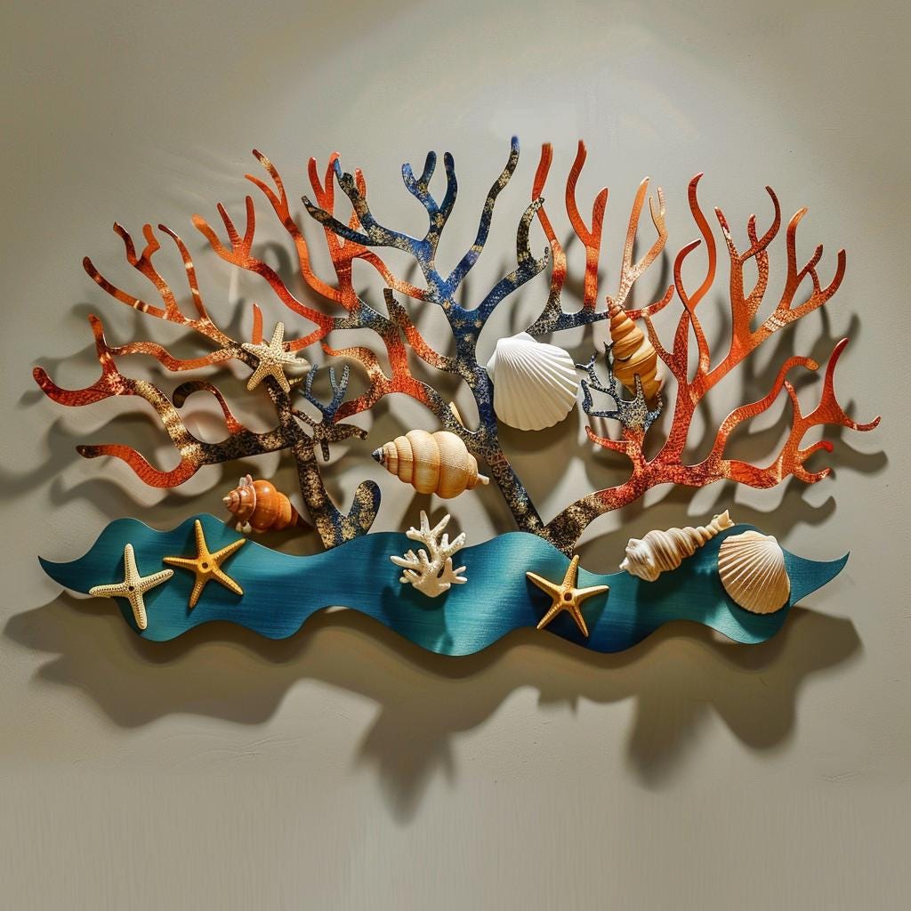 Coral Reef Metal Wall Decor, Coastal Ocean Wall Art, Sea Life Nautical Sign, Beach House Wall Hanging, Starfish Shell Decor Gift for Home