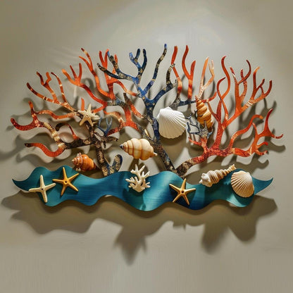 Coral Reef Metal Wall Decor, Coastal Ocean Wall Art, Sea Life Nautical Sign, Beach House Wall Hanging, Starfish Shell Decor Gift for Home