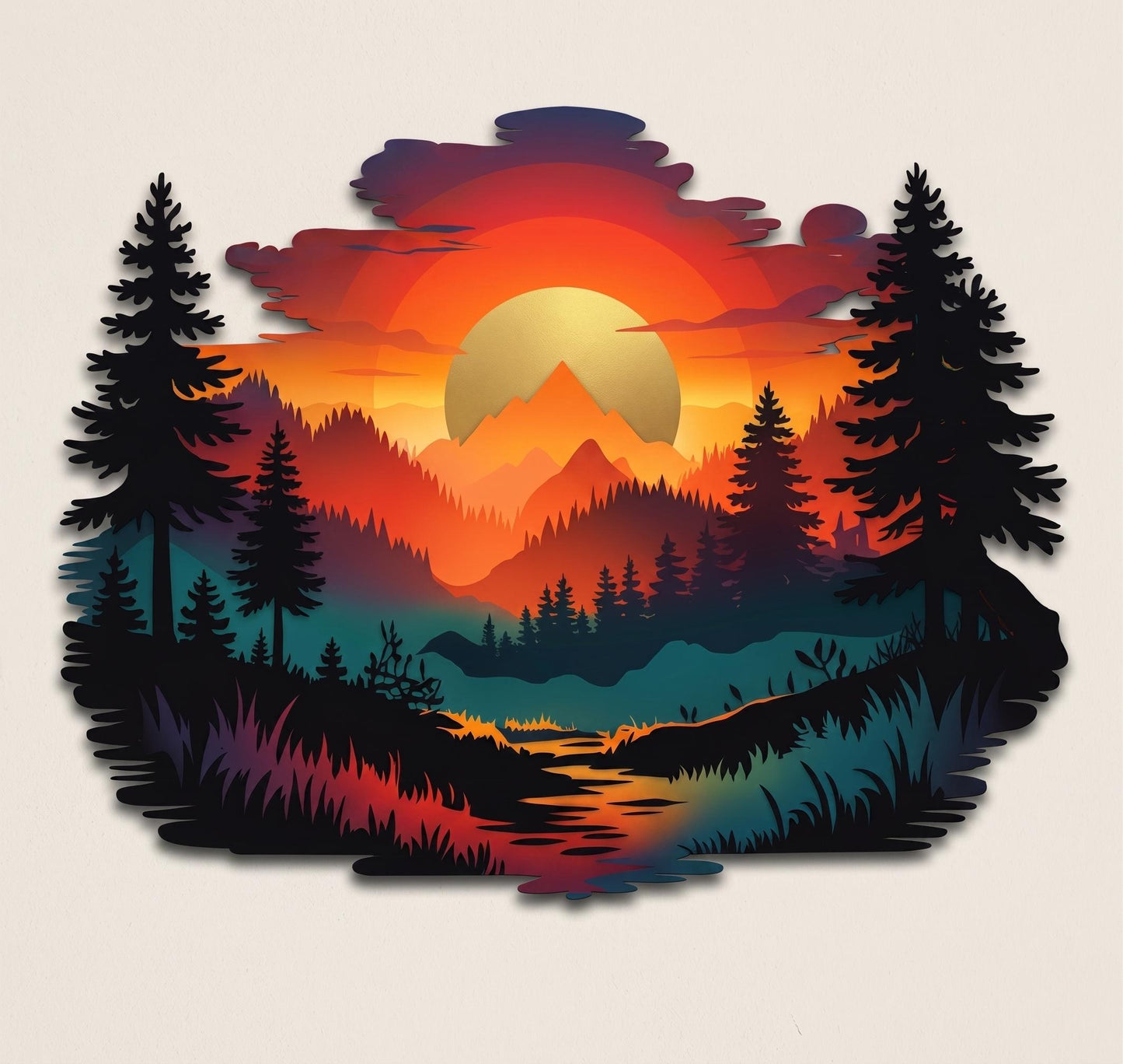 Mountain Sunset Metal Wall Art, Pine Tree Forest Sign, Nature Landscape Wall Decor, Rustic Cabin, Outdoor or Indoor Home Sign