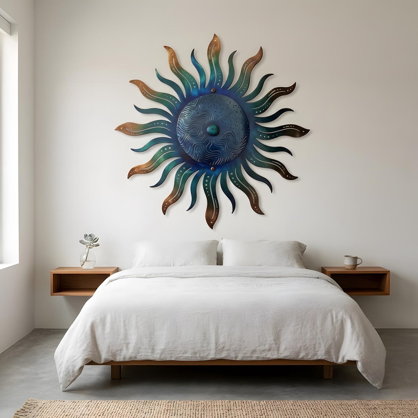 Metal Sun Wall Art Blue Green Celestial Decor Outdoor Garden Patio Hanging Aluminum UV Printed Sun Sign Rustic Wall Hanging for Fence Porch