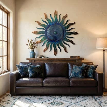 Metal Sun Wall Art Blue Green Celestial Decor Outdoor Garden Patio Hanging Aluminum UV Printed Sun Sign Rustic Wall Hanging for Fence Porch