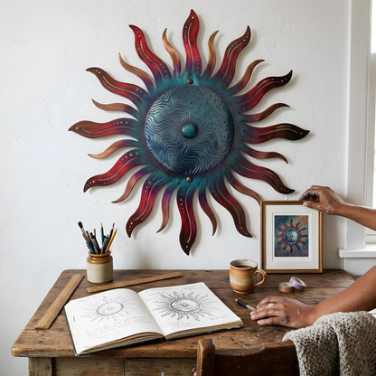 Metal Sun Wall Art Blue Green Celestial Decor Outdoor Garden Patio Hanging Aluminum UV Printed Sun Sign Rustic Wall Hanging for Fence Porch