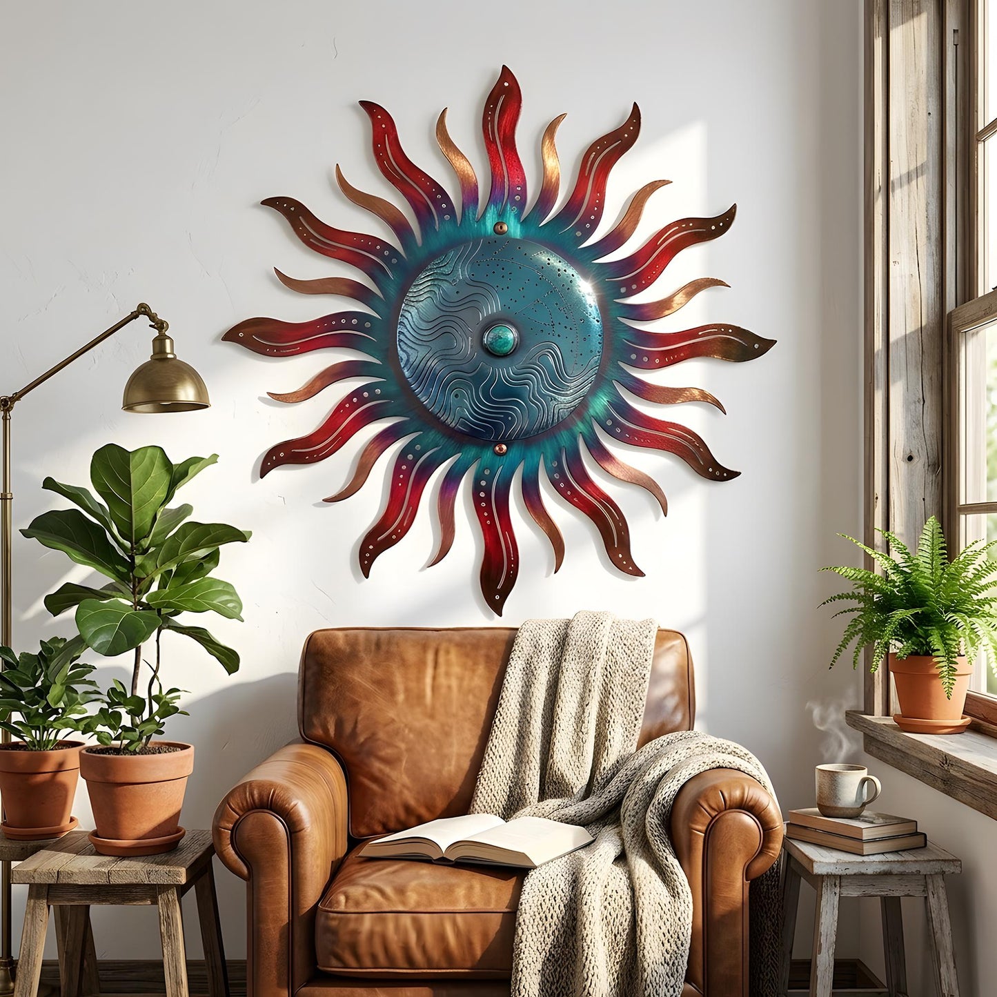 Metal Sun Wall Art Blue Green Celestial Decor Outdoor Garden Patio Hanging Aluminum UV Printed Sun Sign Rustic Wall Hanging for Fence Porch