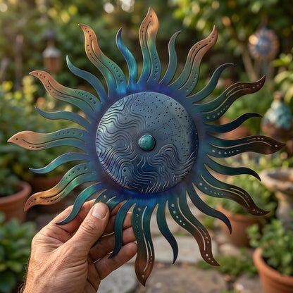 Metal Sun Wall Art Blue Green Celestial Decor Outdoor Garden Patio Hanging Aluminum UV Printed Sun Sign Rustic Wall Hanging for Fence Porch