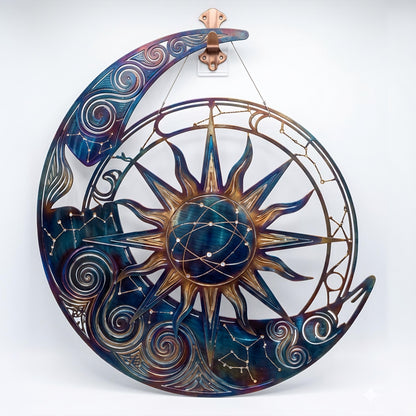 Metal Moon Sun Wall Art Celestial Outdoor Decor Blue Galaxy Hanging Aluminum UV Printed Garden Patio Porch Fence Sign Housewarming Gift
