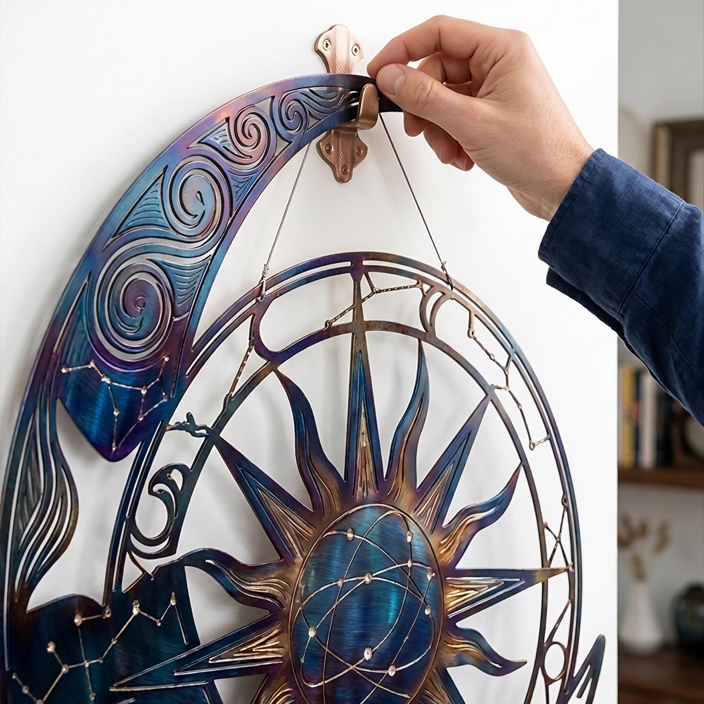 Metal Moon Sun Wall Art Celestial Outdoor Decor Blue Galaxy Hanging Aluminum UV Printed Garden Patio Porch Fence Sign Housewarming Gift