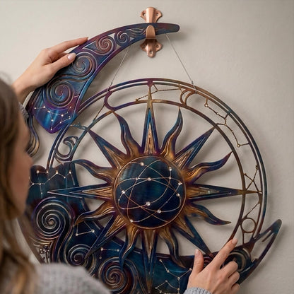 Metal Moon Sun Wall Art Celestial Outdoor Decor Blue Galaxy Hanging Aluminum UV Printed Garden Patio Porch Fence Sign Housewarming Gift