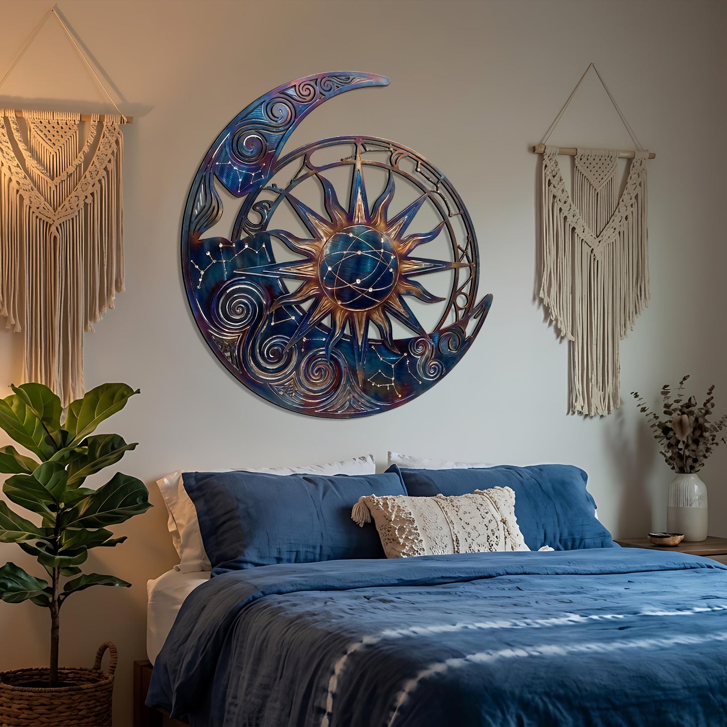 Metal Moon Sun Wall Art Celestial Outdoor Decor Blue Galaxy Hanging Aluminum UV Printed Garden Patio Porch Fence Sign Housewarming Gift