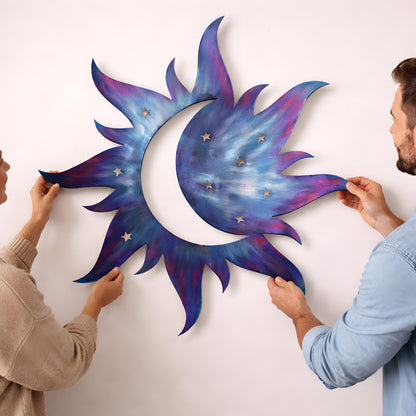 Metal Sun Moon Wall Art Blue Celestial Decor Outdoor Garden Patio Hanging Aluminum UV Printed Moon and Sun Sign for Patio Gift