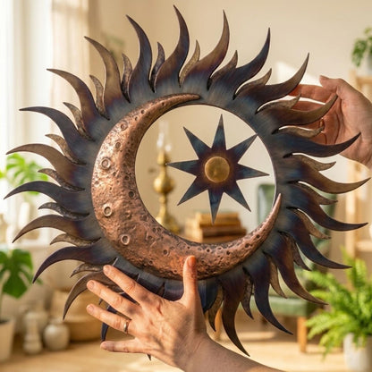 Metal Sun Moon Wall Art Outdoor Metal Sun Decor Boho Celestial Wall Hanging for Garden Patio Home Aluminum UV Printed Metal Sign Unique