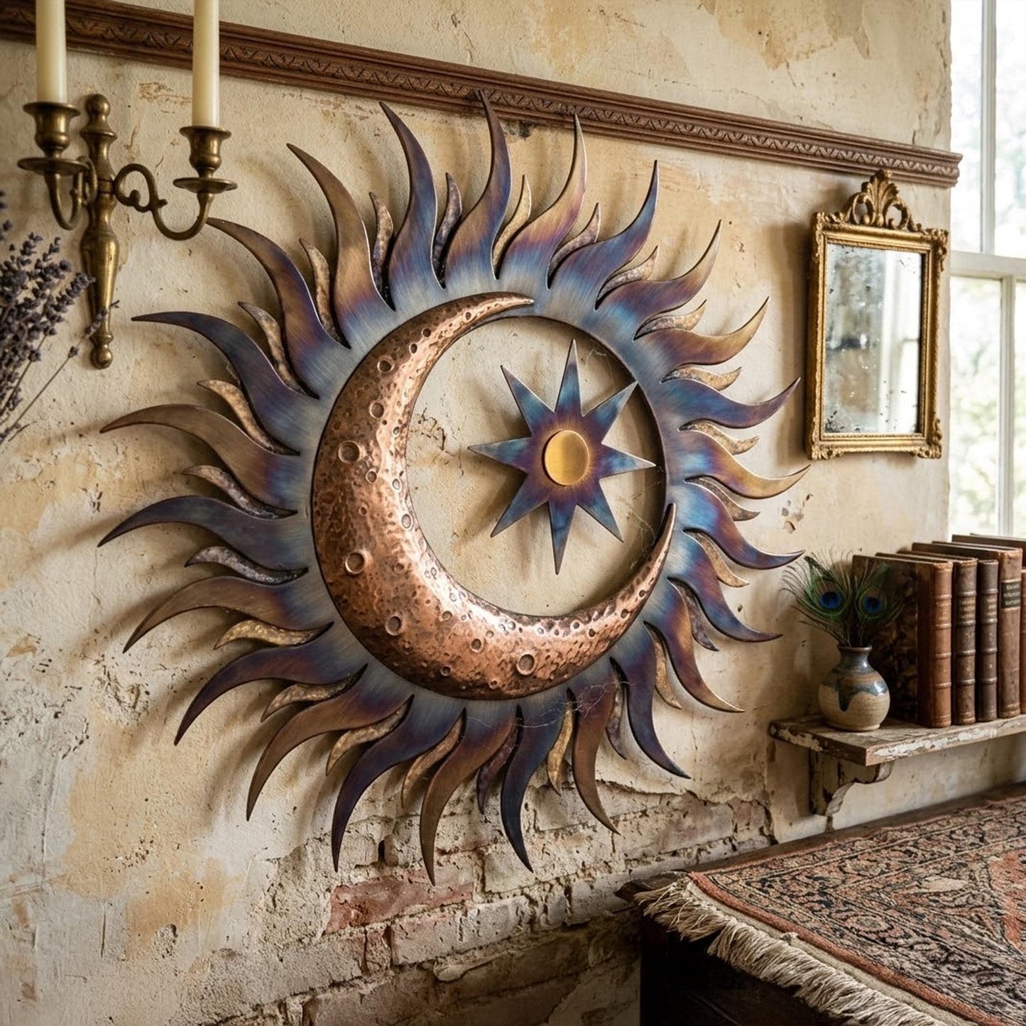 Metal Sun Moon Wall Art Outdoor Metal Sun Decor Boho Celestial Wall Hanging for Garden Patio Home Aluminum UV Printed Metal Sign Unique