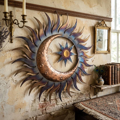 Metal Sun Moon Wall Art Outdoor Metal Sun Decor Boho Celestial Wall Hanging for Garden Patio Home Aluminum UV Printed Metal Sign Unique