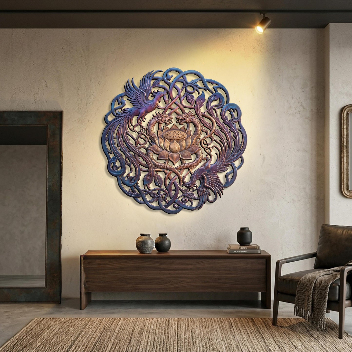Handmade Metal Wall Decor, Lotus Flower Phoenix Dragon Metal Sign, Large Wall Art for Garden, Patio, Entryway, Outdoor Home Decor