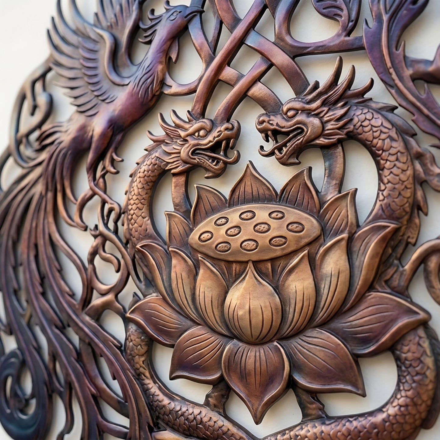 Handmade Metal Wall Decor, Lotus Flower Phoenix Dragon Metal Sign, Large Wall Art for Garden, Patio, Entryway, Outdoor Home Decor