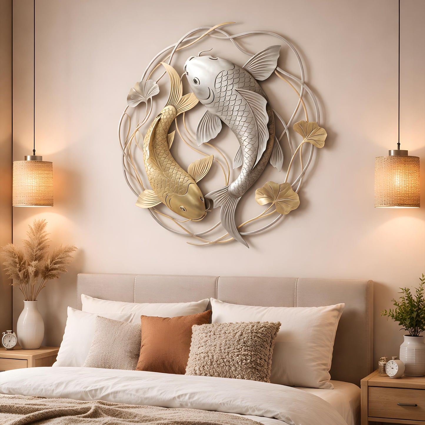 Silver Gold Koi Fish Metal Wall Decor, Handmade Fish Wall Art, Garden Hanging Sign for Entryway Porch Patio Living Room Yard Home Decor