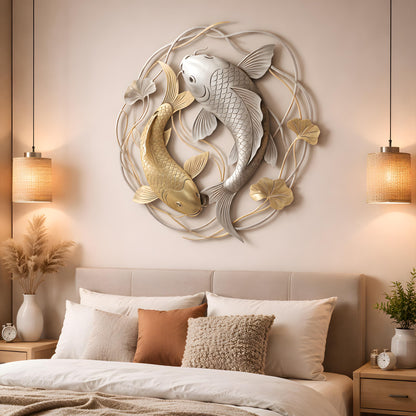 Silver Gold Koi Fish Metal Wall Decor, Handmade Fish Wall Art, Garden Hanging Sign for Entryway Porch Patio Living Room Yard Home Decor