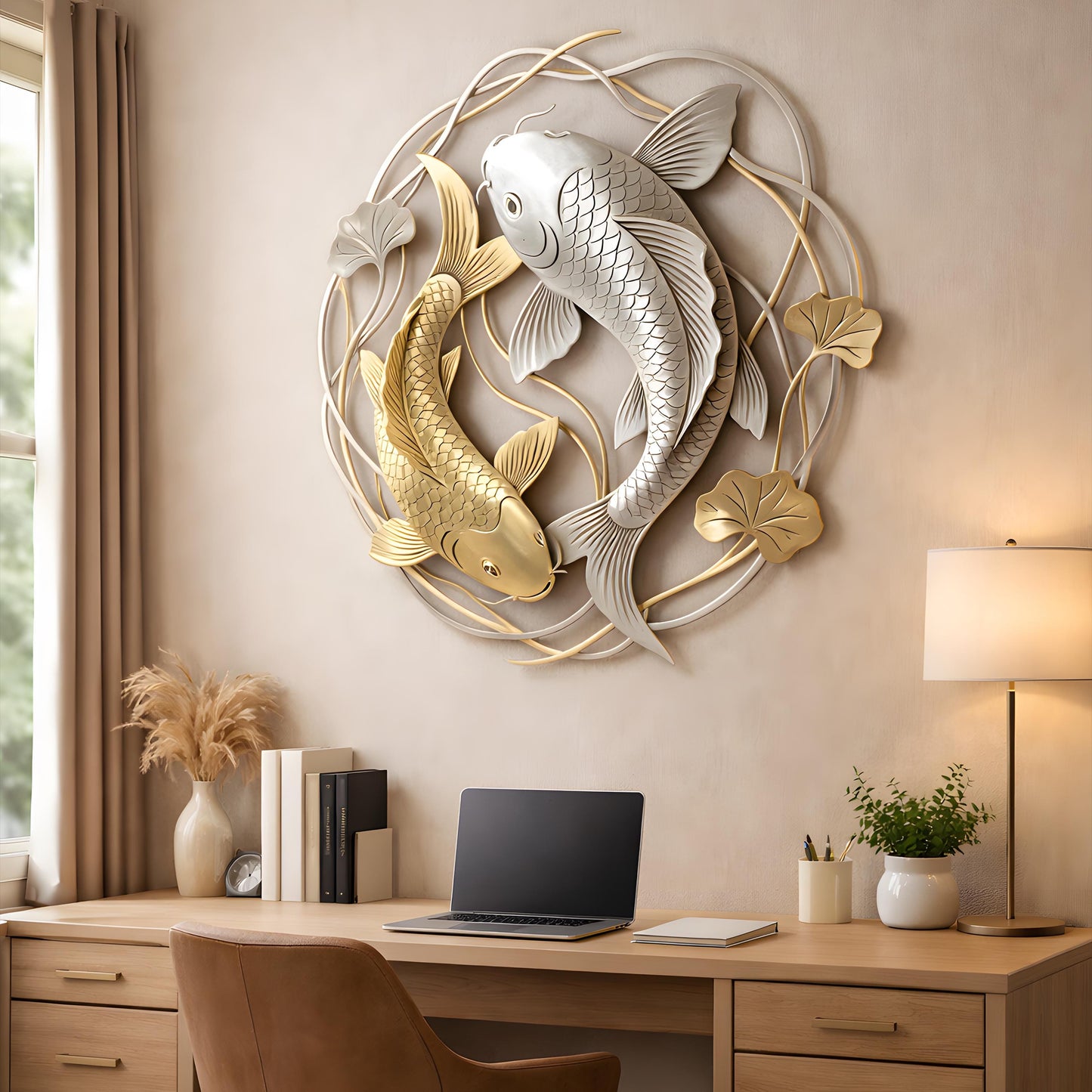 Silver Gold Koi Fish Metal Wall Decor, Handmade Fish Wall Art, Garden Hanging Sign for Entryway Porch Patio Living Room Yard Home Decor