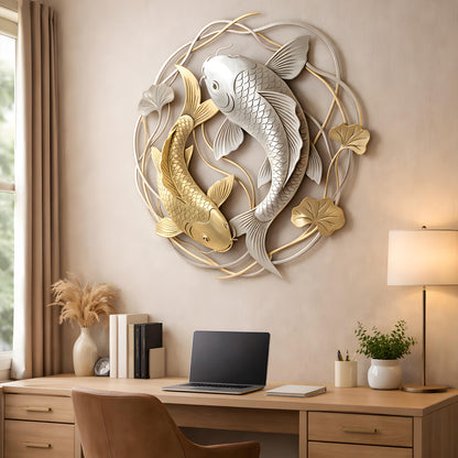Silver Gold Koi Fish Metal Wall Decor, Handmade Fish Wall Art, Garden Hanging Sign for Entryway Porch Patio Living Room Yard Home Decor
