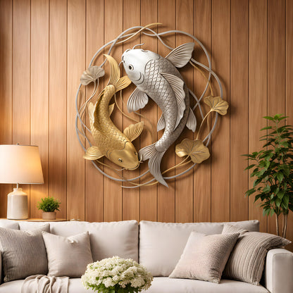 Silver Gold Koi Fish Metal Wall Decor, Handmade Fish Wall Art, Garden Hanging Sign for Entryway Porch Patio Living Room Yard Home Decor