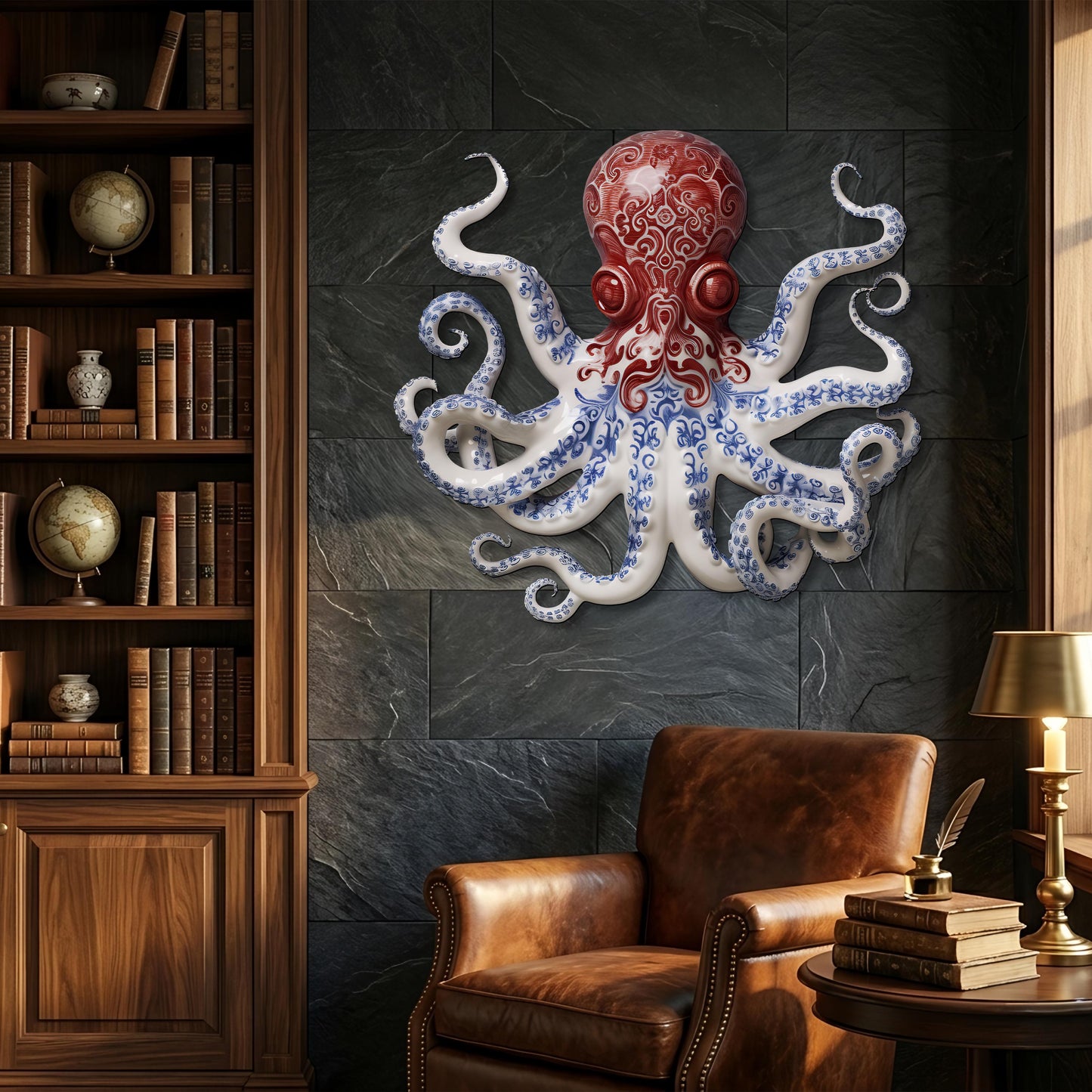 Blue and White Octopus Metal Wall Art, Nautical Coastal Decor, 2D UV Painted Metal Sign, Ocean-Themed Home Wall Hanging Gift