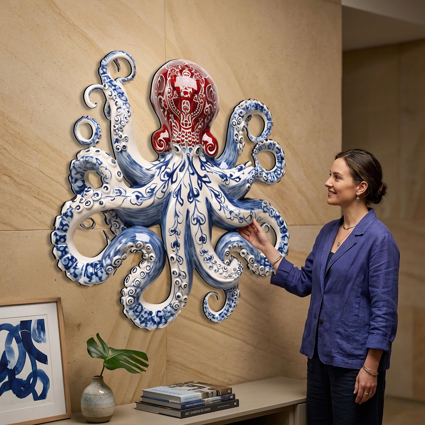 Blue and White Octopus Metal Wall Art, Nautical Coastal Decor, 2D UV Painted Metal Sign, Ocean-Themed Home Wall Hanging Gift
