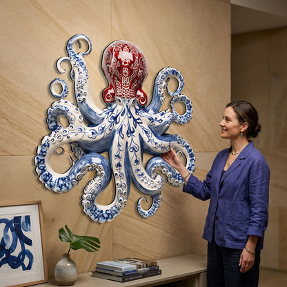 Blue and White Octopus Metal Wall Art, Nautical Coastal Decor, 2D UV Painted Metal Sign, Ocean-Themed Home Wall Hanging Gift