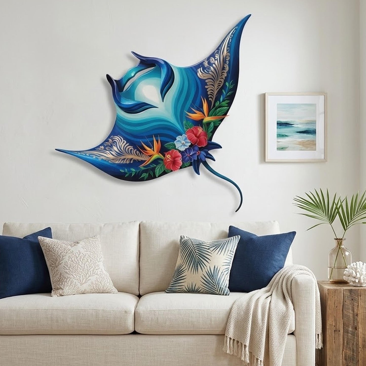 Tropical Manta Ray Metal Wall Art, Coastal Ocean Decor with Hibiscus Flowers, Beach House Wall Sign, Nautical Home, Coastal Wall Art