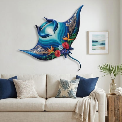 Tropical Manta Ray Metal Wall Art, Coastal Ocean Decor with Hibiscus Flowers, Beach House Wall Sign, Nautical Home, Coastal Wall Art